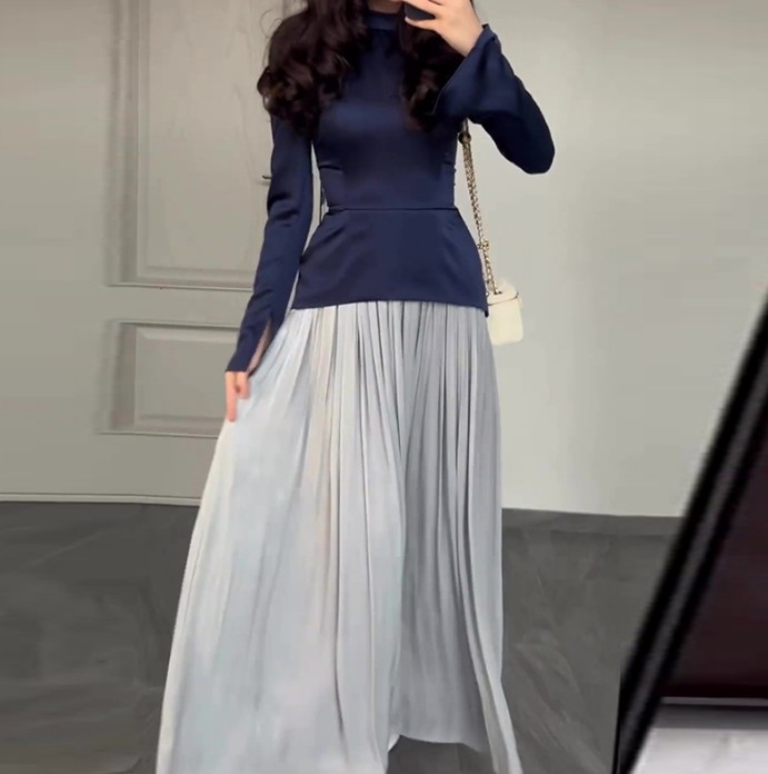 Solid Color Fashion Slim Fit Long Sleeve High Waist Panel Design Contrast Color Pleated Dress