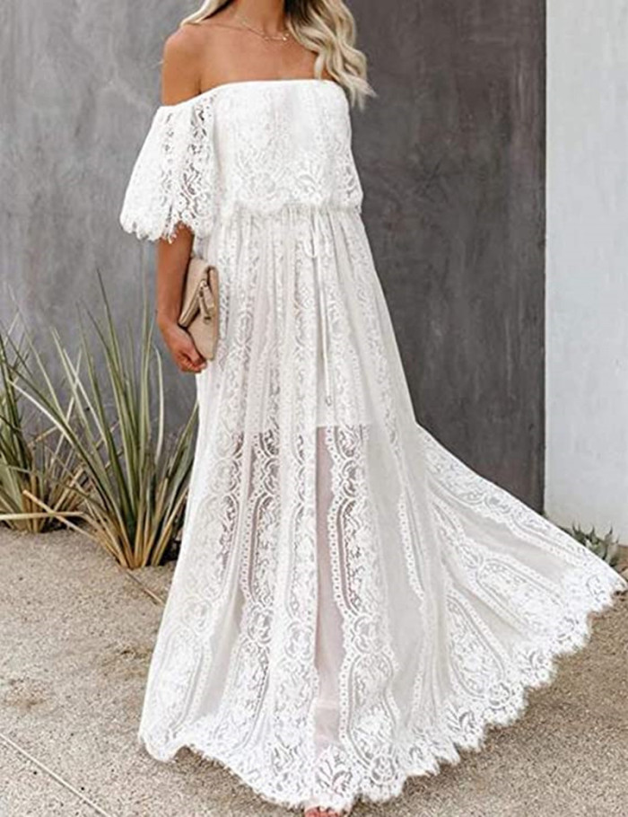 White Lace V Neck Fashionable Elegant Party  Vacation Dress