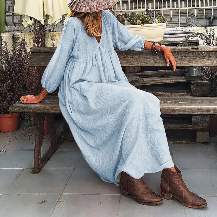 Women's Solid Color Elegant Puff Sleeve V Neck Extra Long Loose Bohemian Dress