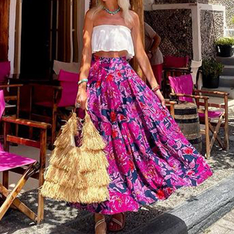 Casual Elastic High Waist Swing Pleated Elegant Vacation Beach Printed Bohemian Half Skirt