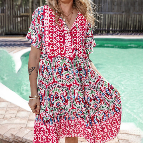 Fashion V Neck Boho Print Fashionable Loose Fit  Mini Dress