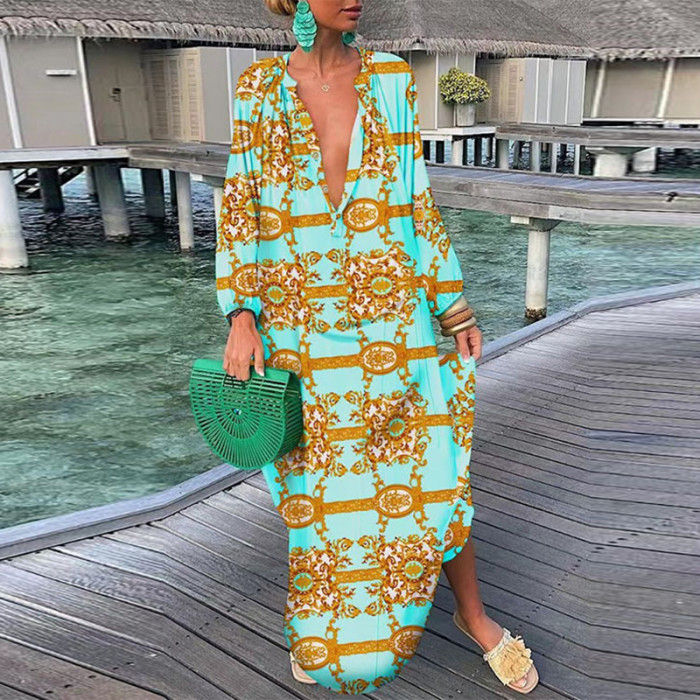 Fashion V Neck Long Sleeve Party Boho Vintage Print Loose Casual Long Dress