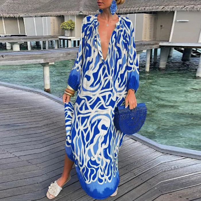 Fashion V Neck Long Sleeve Party Boho Vintage Print Loose Casual Long Dress