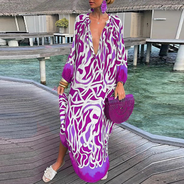 Fashion V Neck Long Sleeve Party Boho Vintage Print Loose Casual Long Dress