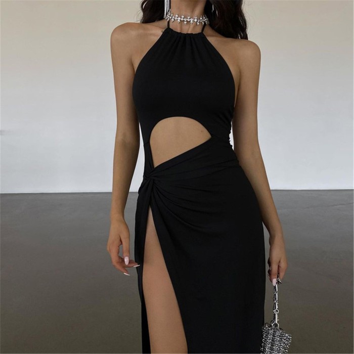 Elegant Sexy Cut Out Halter Ruched Holiday Outfits Club Party Split Maxi Dresses