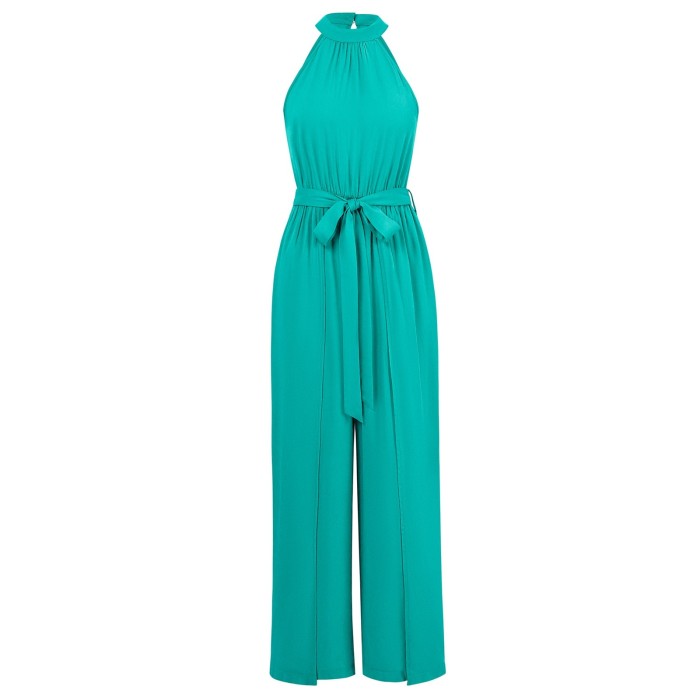 Summer Elegant Casual Solid Color Hanging Neck Side Slit Wide Leg Jumpsuit