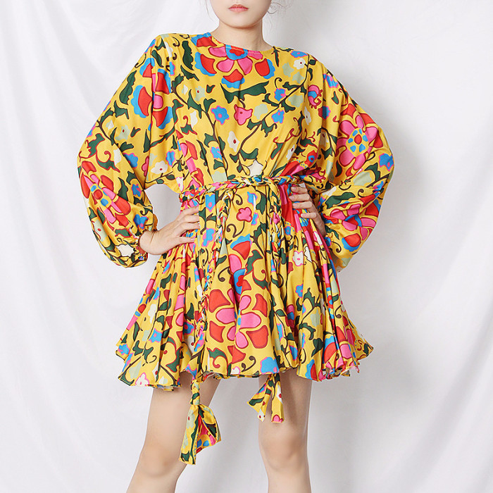 O-neck Floral Print High Waist Vintage Lantern Sleeve Tie Up Mini Dress