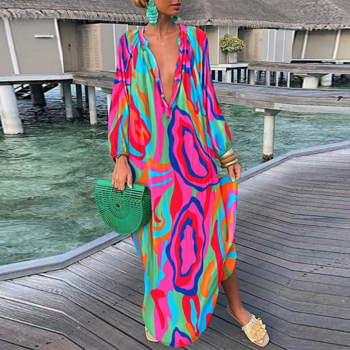 Fashion V Neck Long Sleeve Party Boho Vintage Print Loose Casual Long Dress
