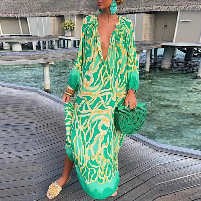 Fashion V Neck Long Sleeve Party Boho Vintage Print Loose Casual Long Dress