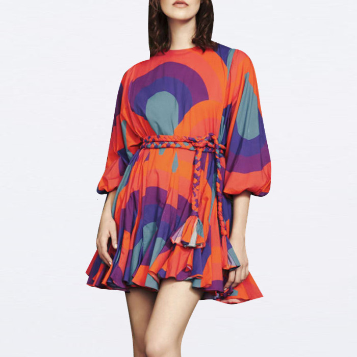 O-neck Floral Print High Waist Vintage Lantern Sleeve Tie Up Mini Dress