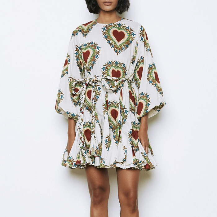O-neck Floral Print High Waist Vintage Lantern Sleeve Tie Up Mini Dress