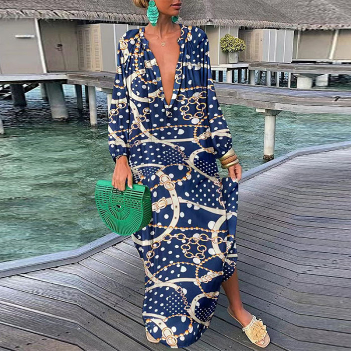 Fashion V Neck Long Sleeve Party Boho Vintage Print Loose Casual Long Dress