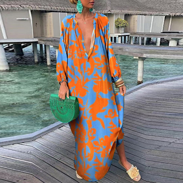 Fashion V Neck Long Sleeve Party Boho Vintage Print Loose Casual Long Dress