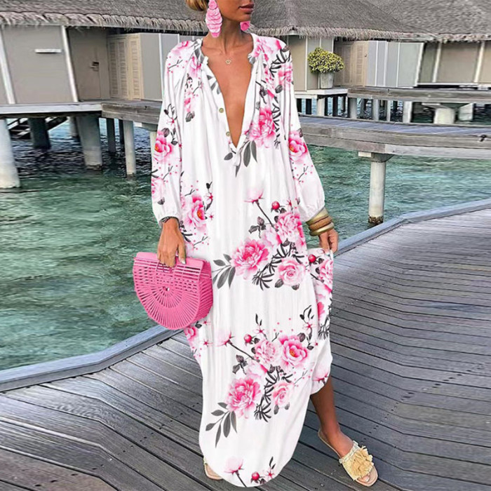 Fashion V Neck Long Sleeve Party Boho Vintage Print Loose Casual Long Dress