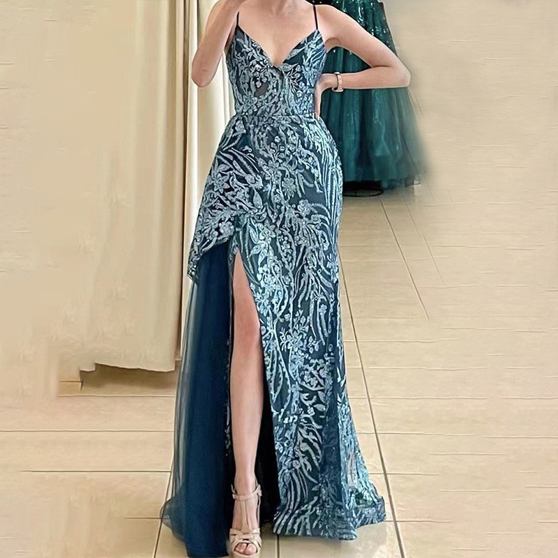 Glittering Sequins Prom Spaghetti Strap High Split Side Cocktail Dress