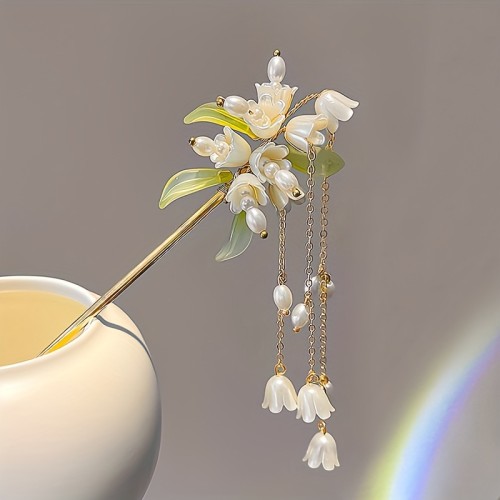1pc White Lily Of The Valley Hairpin Fairy Tassel Ladies Ancient Style Dress Up Headwear Handmade Beaded Hair Accessories