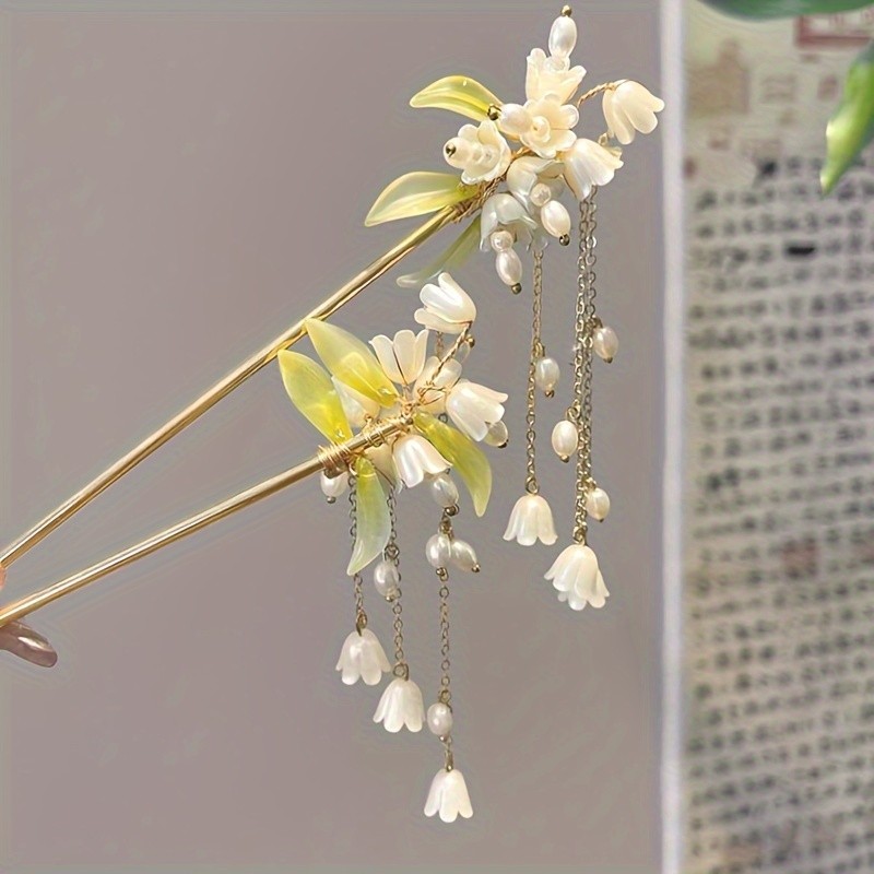 1pc White Lily Of The Valley Hairpin Fairy Tassel Ladies Ancient Style Dress Up Headwear Handmade Beaded Hair Accessories