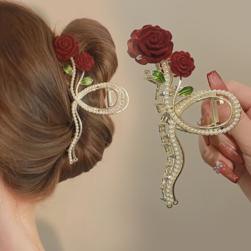 1pc, Elegant Faux Pearls Large Hair Claw Clip, Rose Flower Design Non-slip Hair Clip, Women Girls Princess Style Hair Accessories, Ideal Choice For Valentine's Day Gift