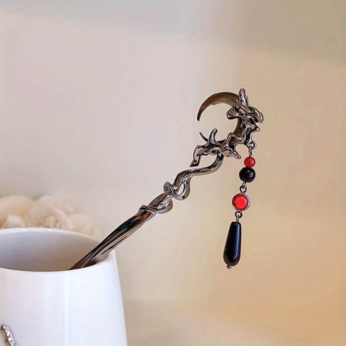 1pc, Elegant Vintage Premium Silvery Hairpin, Crescent Magic Wand Design Tassel Hairpin, Women Girls Casual Party Outdoor Decors, Princess Fairy Style Hair Accessories, Gift Photo Props
