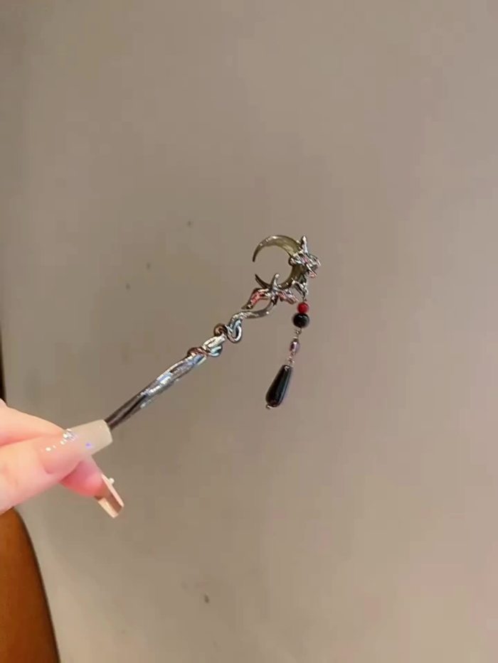 1pc, Elegant Vintage Premium Silvery Hairpin, Crescent Magic Wand Design Tassel Hairpin, Women Girls Casual Party Outdoor Decors, Princess Fairy Style Hair Accessories, Gift Photo Props