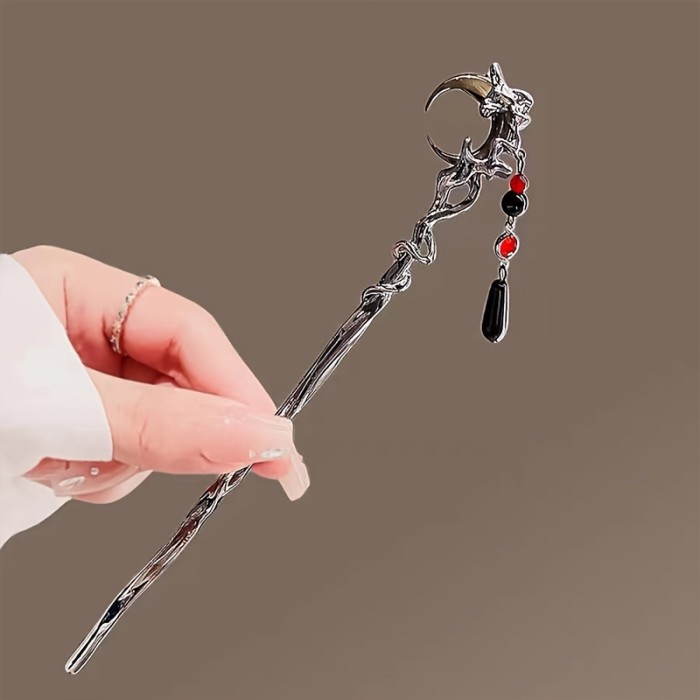 1pc, Elegant Vintage Premium Silvery Hairpin, Crescent Magic Wand Design Tassel Hairpin, Women Girls Casual Party Outdoor Decors, Princess Fairy Style Hair Accessories, Gift Photo Props