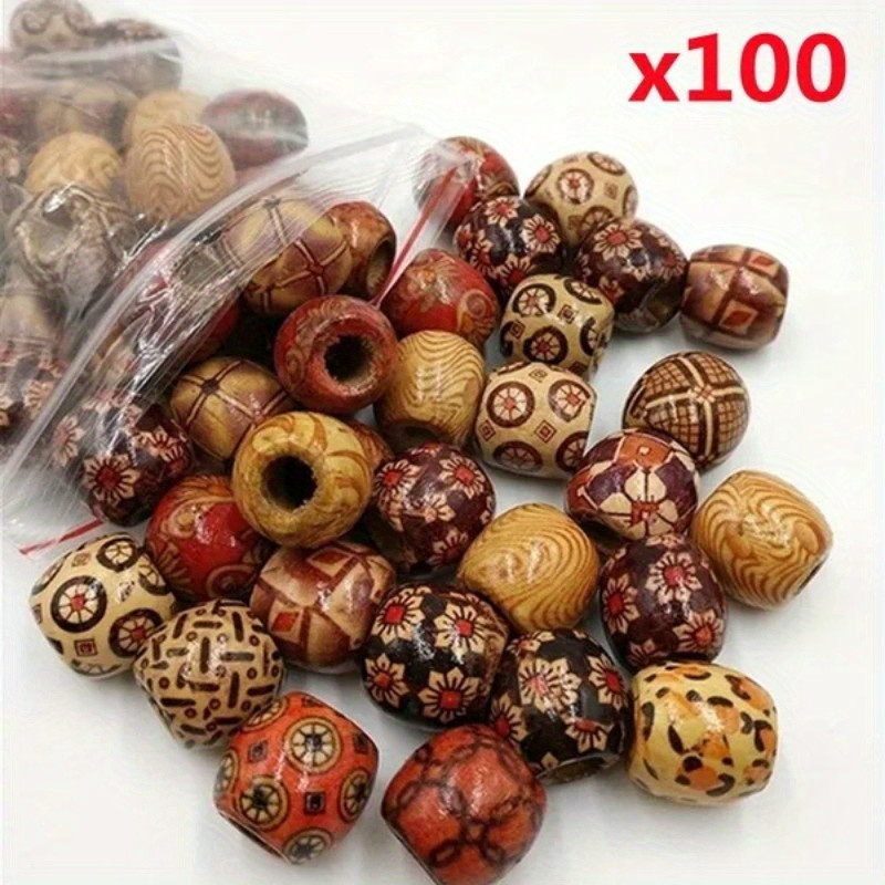 100pcs Mixed Wooden Bead Tribal Pattern Wood Beads Macrame For DIY Crafts Jewelry Making