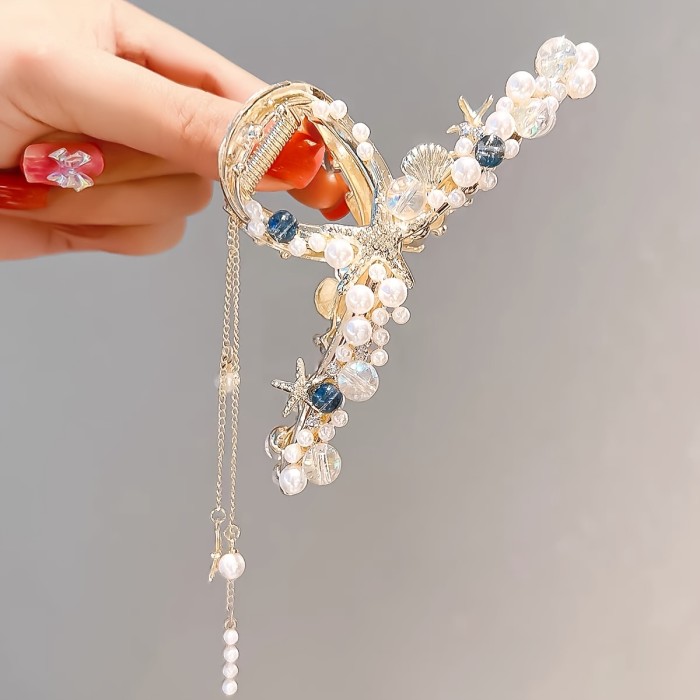Pearl Shell Starfish Tassel Hair Grab 1pc Strong Hold Grip Hair Jaw Clip For Thick Hair Accessories For Beach Daily Party