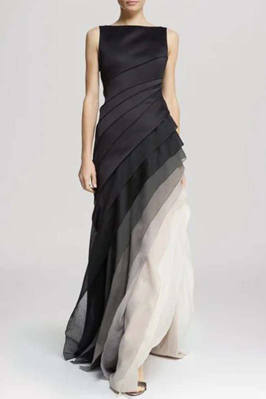 Elegant Gradual Change Color Block Contrast Asymmetrical Collar Evening Dress Dresses