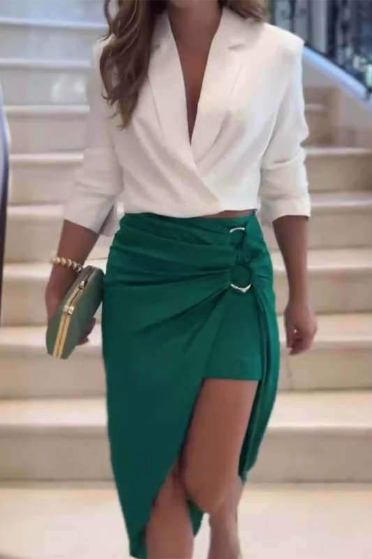 Elegant Solid Fold V Neck Long Sleeve Two Pieces