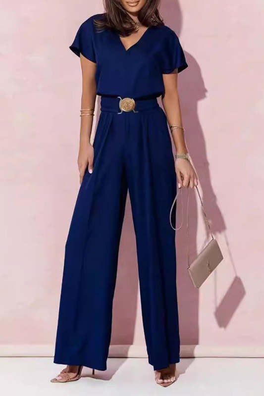 Casual Solid Metal Accessories Decoration V Neck Loose Jumpsuits