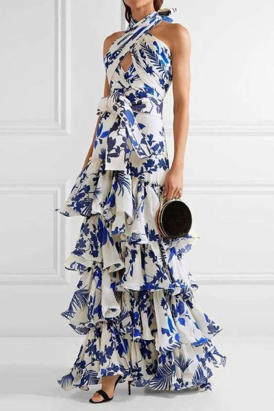 Elegant Floral Flounce Asymmetrical Halter Irregular Dresses