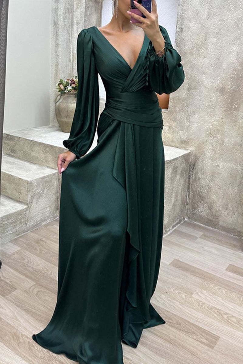 Elegant Solid Slit Fold V Neck Evening Dress Dresses