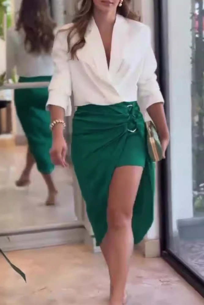 Elegant Solid Fold V Neck Long Sleeve Two Pieces