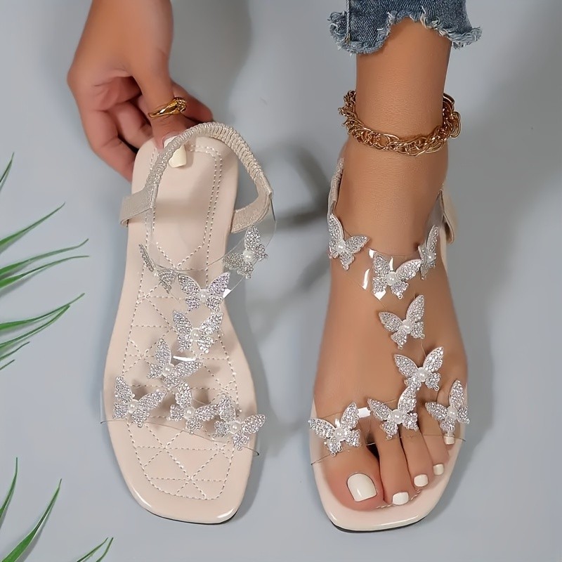 Women's Rhinestone Butterfly Decor Flat Sandals, Casual Open Toe Summer Shoes, Lightweight Elastic Band Sandals