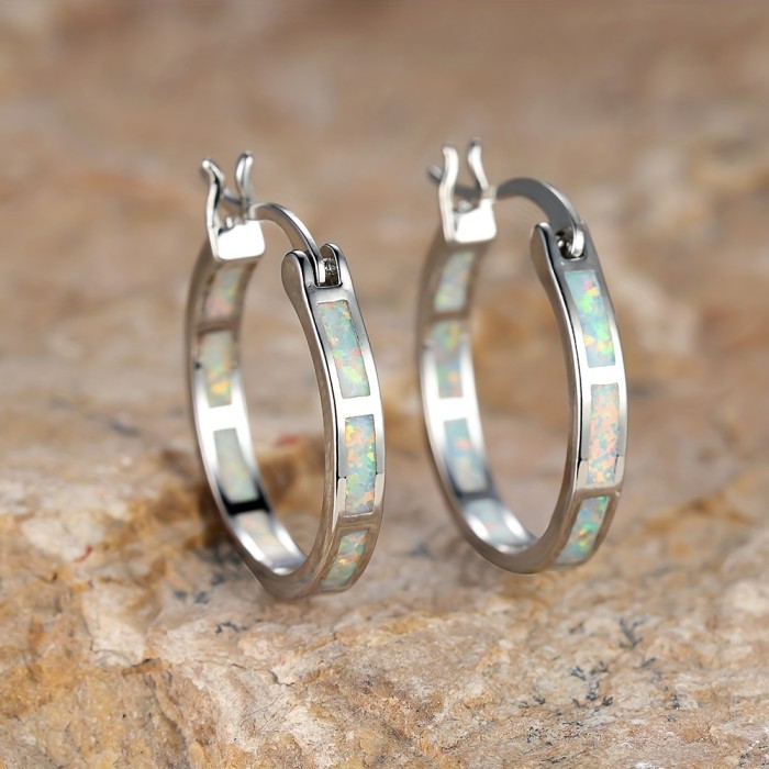 Retro Bohemian Style Opal Decor Hoop Earrings Copper 18K Gold Plated Jewelry Trendy Exquisite Female Gift