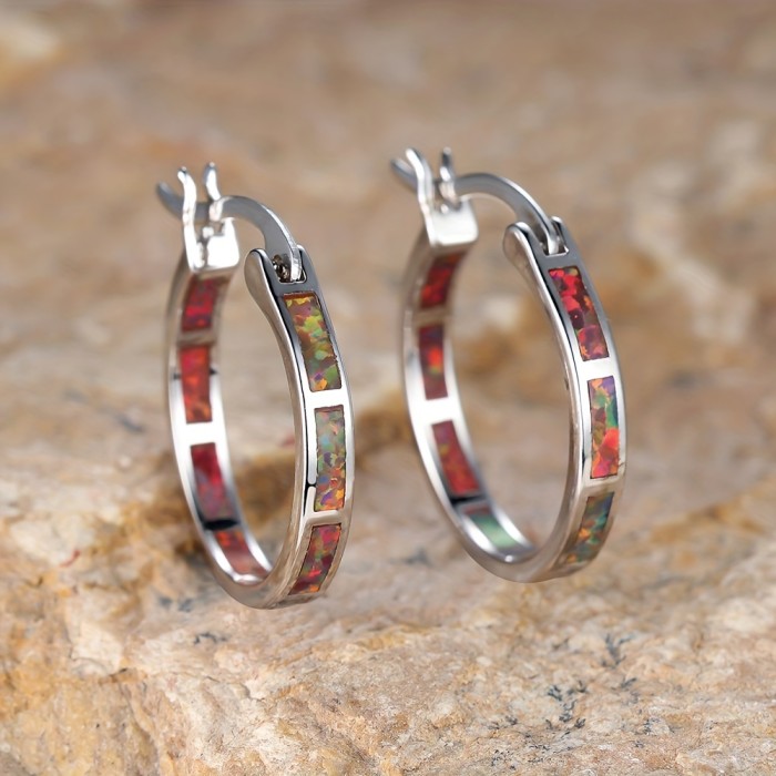 Retro Bohemian Style Opal Decor Hoop Earrings Copper 18K Gold Plated Jewelry Trendy Exquisite Female Gift