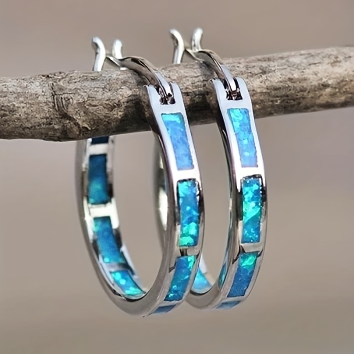 Retro Bohemian Style Opal Decor Hoop Earrings Copper 18K Gold Plated Jewelry Trendy Exquisite Female Gift