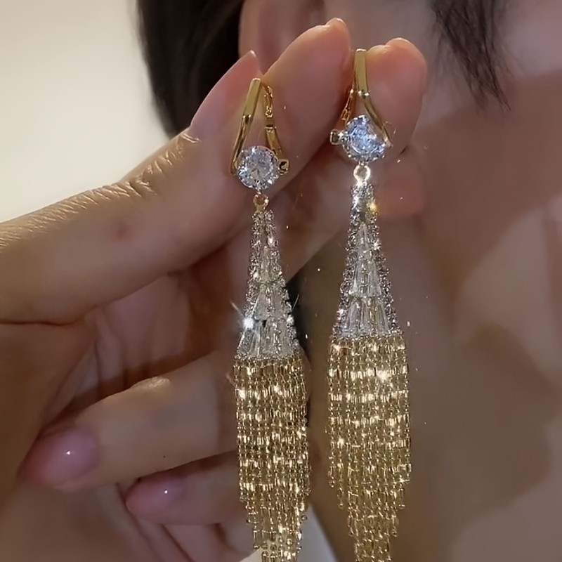 Elegant Dangle Earrings Sparkling Tassel Design Paved Shining Zirconia Match Daily Outfits Party Accessories Casual Dating Decor