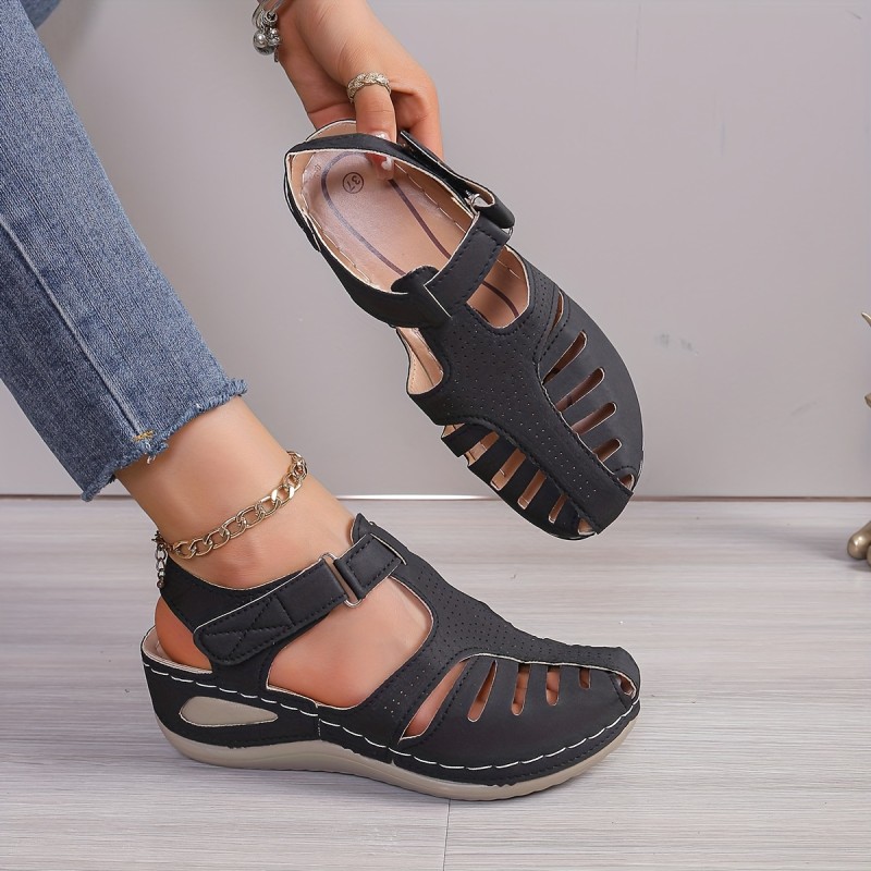 Women's Cut-out Wedge Sandals, Solid Color Closed Toe Slingback Platform Shoes, Casual Summer Outdoor Sandals