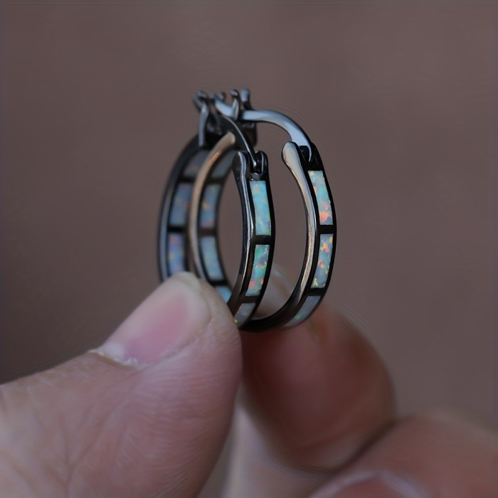 Retro Bohemian Style Opal Decor Hoop Earrings Copper 18K Gold Plated Jewelry Trendy Exquisite Female Gift