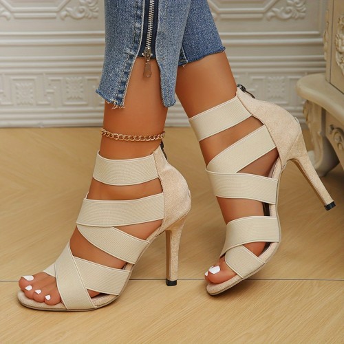 Women's Crisscross Band Stiletto Sandals, Solid Color Peep Toe Back Zipper High Heels, Fashion Going Out Sandals