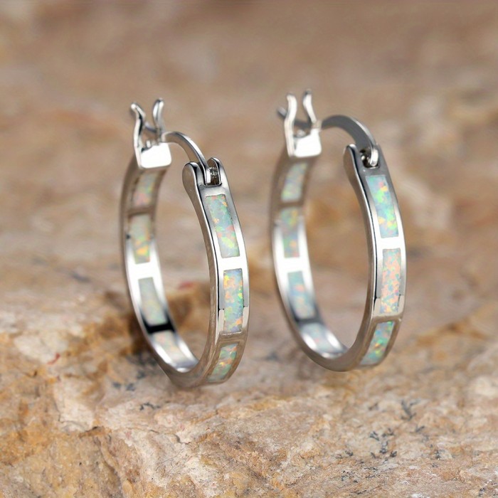 Retro Bohemian Style Opal Decor Hoop Earrings Copper 18K Gold Plated Jewelry Trendy Exquisite Female Gift