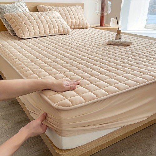 1pc Quilted Waterproof Mattress Protector (Without Pillow And Core), Soft Comfortable Solid Color Bedding Mattress Cover, For Bedroom, Guest Room, With Deep Pocket, Fitted Bed Sheet Only