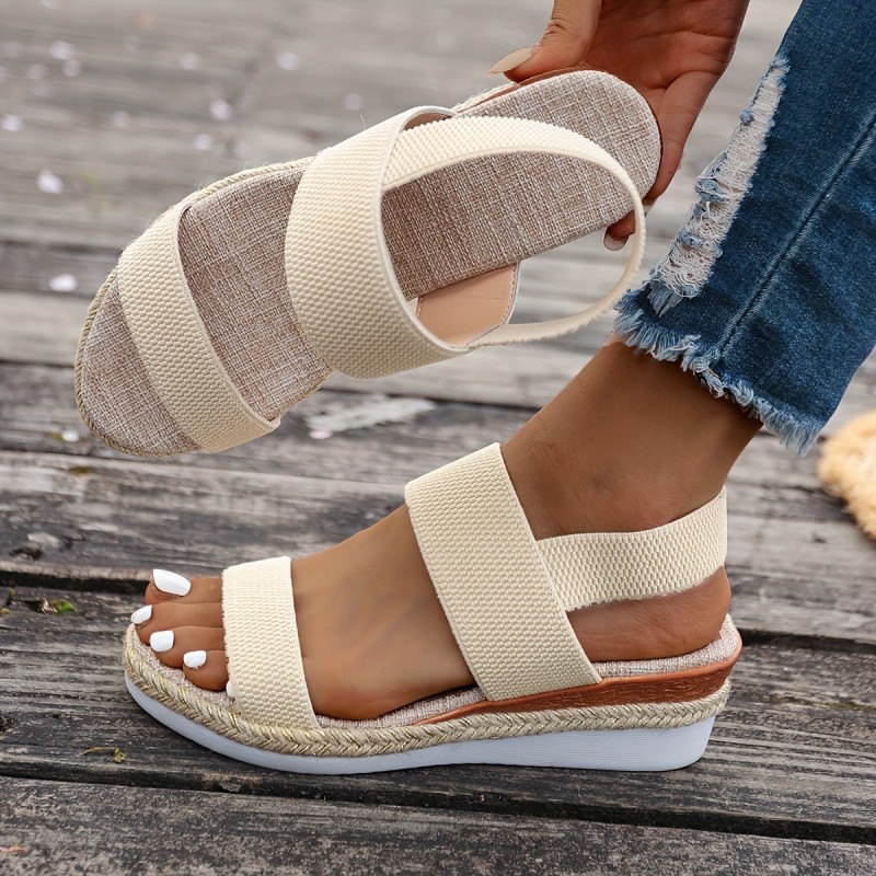 Women's Summer Wedge Sandals, Casual Elastic Strap Slip On Shoes, Versatile Outdoor Beach Vacation Shoes