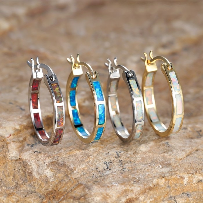 Retro Bohemian Style Opal Decor Hoop Earrings Copper 18K Gold Plated Jewelry Trendy Exquisite Female Gift