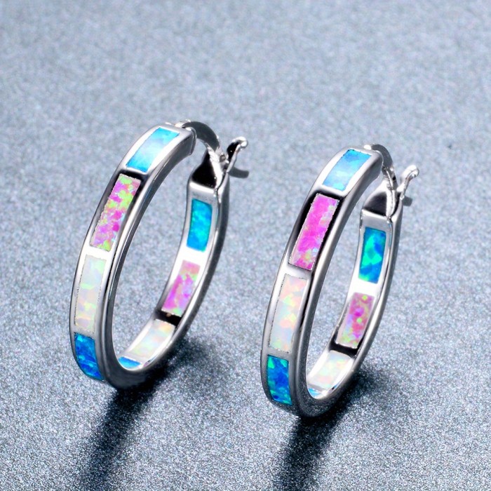 Retro Bohemian Style Opal Decor Hoop Earrings Copper 18K Gold Plated Jewelry Trendy Exquisite Female Gift