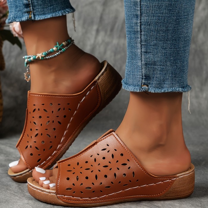 Women's Platform Slide Sandals, Casual Peep Toe Hollow Out Design Shoes, Comfy Summer Outdoor Wedge Slide Shoes
