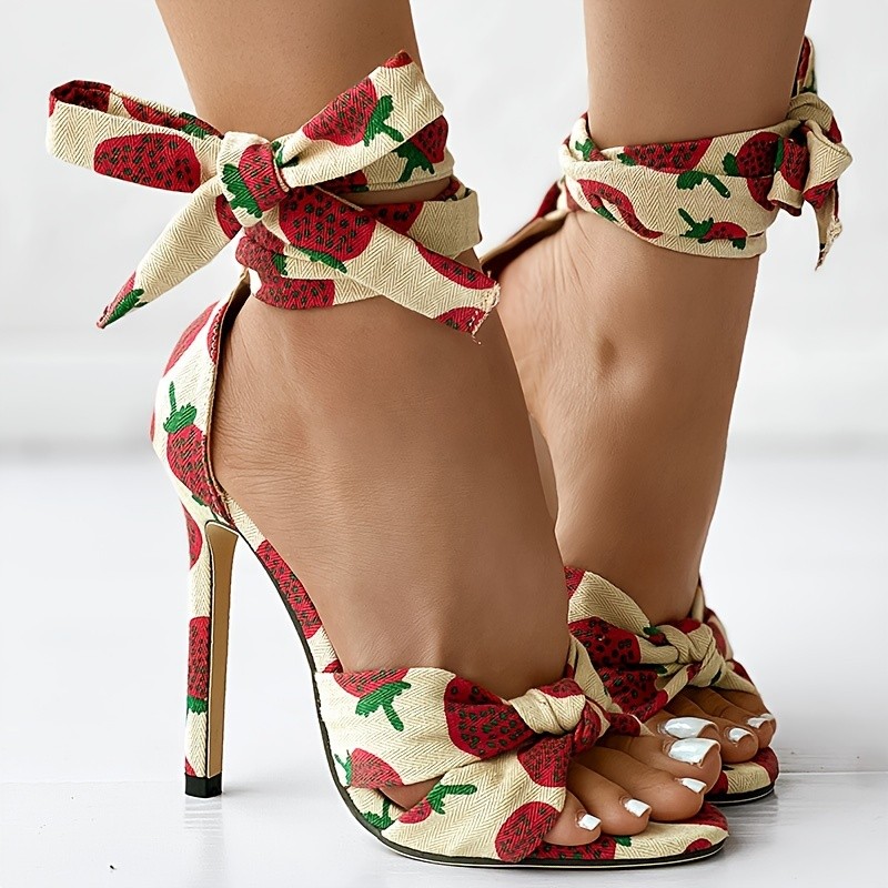 Women's Cute Fruit Pattern Sandals, Bowknot Decor Casual Stiletto Lace Up Shoes, Versatile Summer Shoes