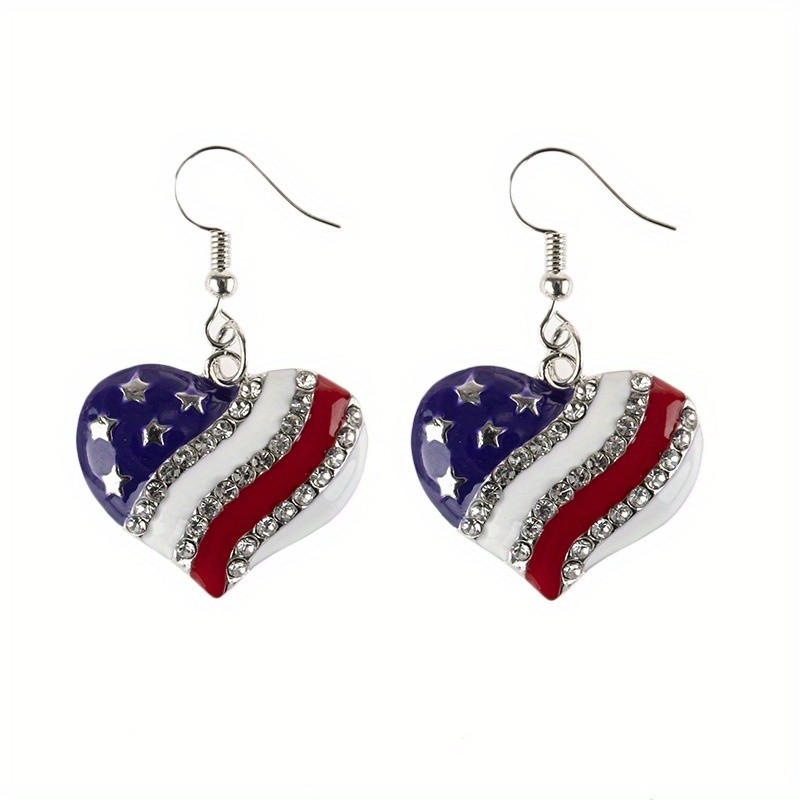 Independence Day Love Heart Inlaid Zircon Earrings Women's American Flag Pattern Dangle Earrings Jewelry Gift
