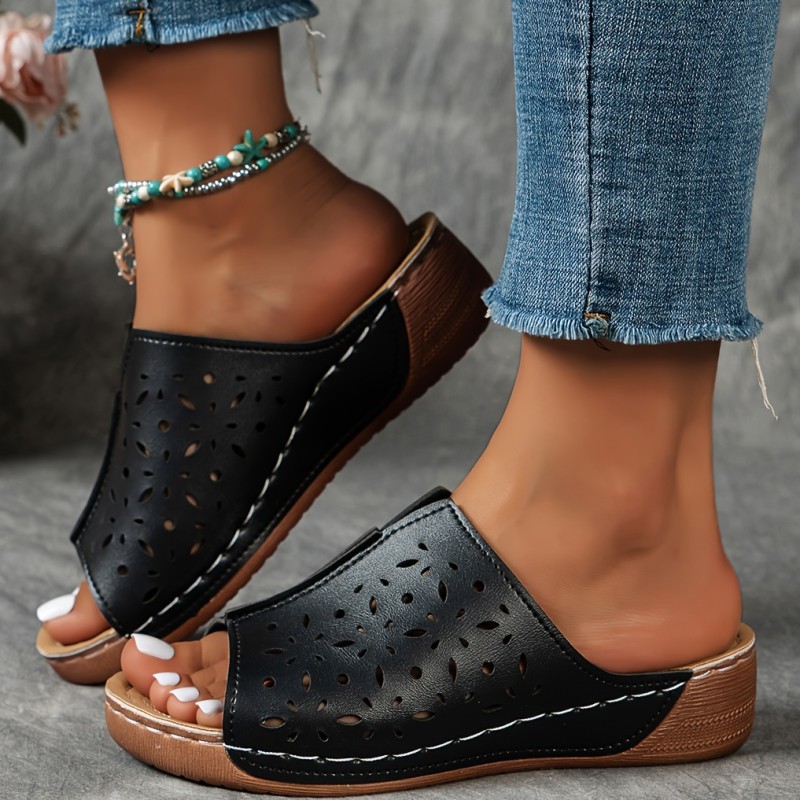 Women's Platform Slide Sandals, Casual Peep Toe Hollow Out Design Shoes, Comfy Summer Outdoor Wedge Slide Shoes